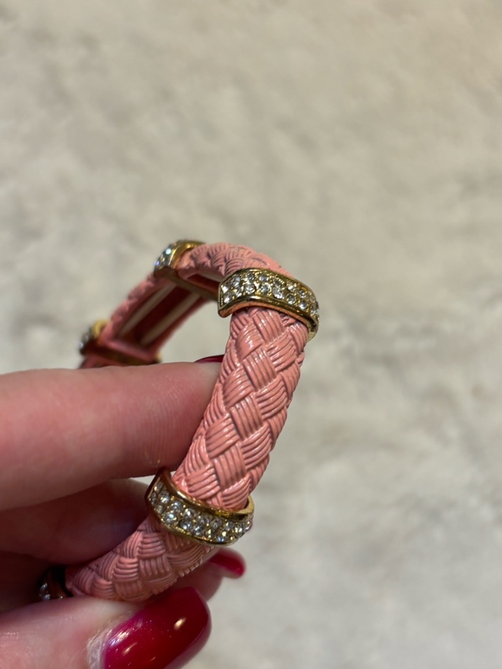 Peachy Pink Bracelet Braided design Gold-tone Ring Accents with Crystals Elastlc - Picture 6 of 8